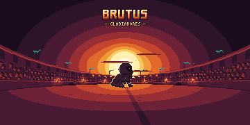 Logo de Brutus Gladiadores sobre un coliseo al atardecer, con un forastero encapuchado en la arena