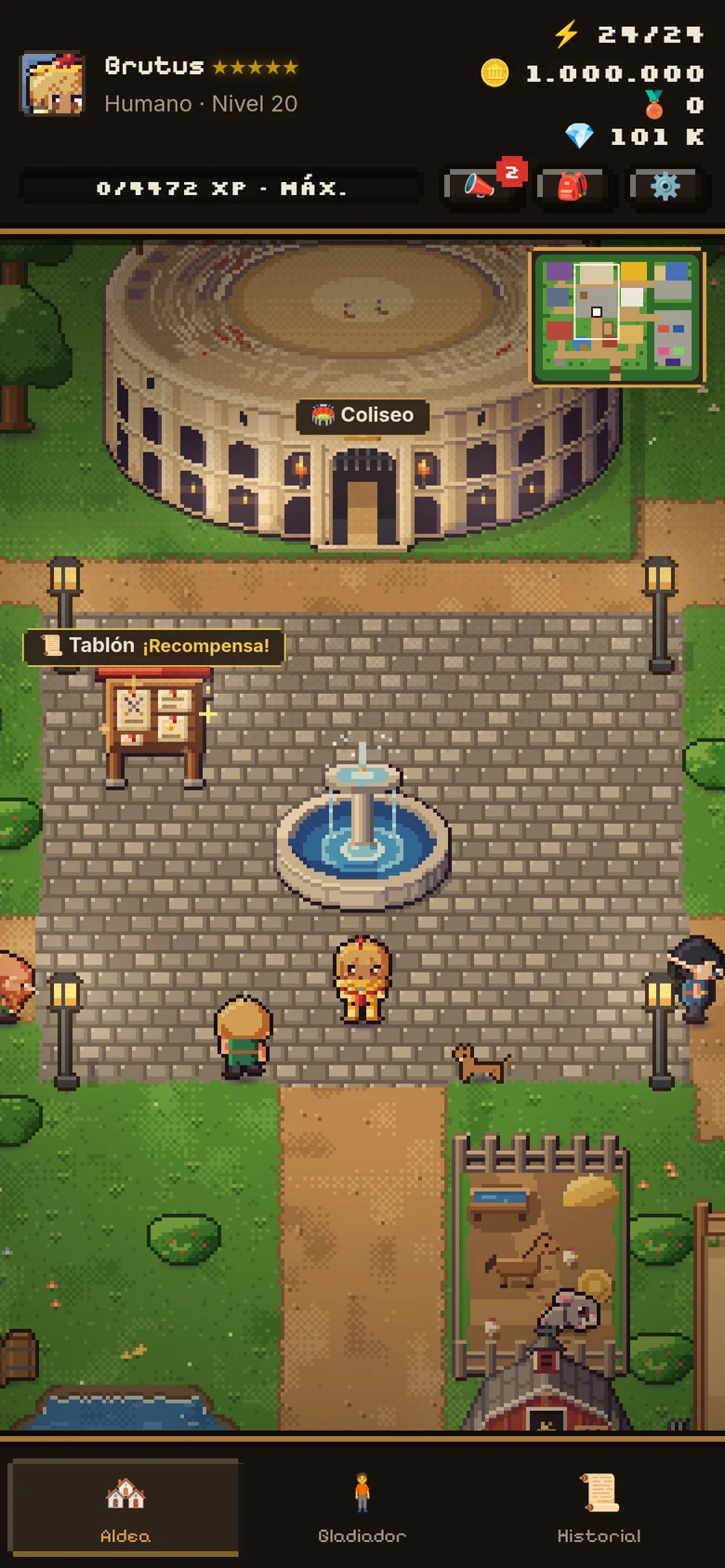 La plaza de la aldea con la fuente, el Tablón y el Coliseo